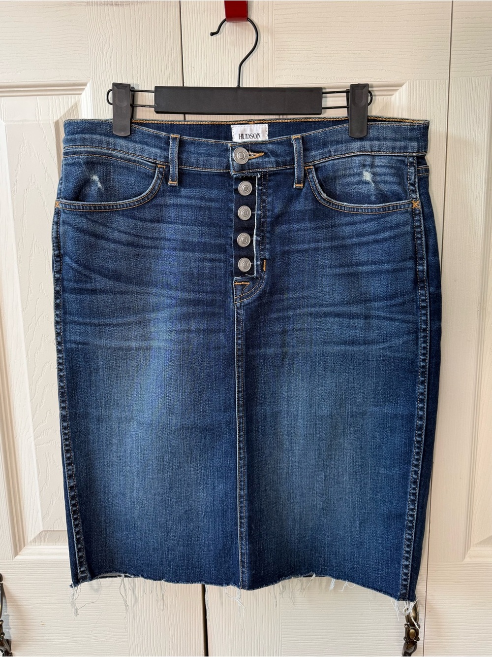Hudson Remi High Rise Denim Pencil Skirt Size 30 Blue Raw Hem Button Fly